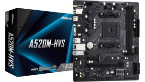 Mainboard|ASROCK|AMD A520|SAM4|Micro-ATX|Memory DDR4|Memory slots 2|1xPCI-Express 3.0 1x|1xPCI-Express 3.0 16x|1xM.2|1x15pin D-sub|1xHDMI|2xAudio-In|1xAudio-Out|2xUSB 2.0|4xUSB 3.2|1xPS/2|1xRJ45|A520M-HVS