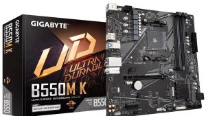 Mainboard|GIGABYTE|AMD B550|SAM4|Micro-ATX|Memory DDR4|Memory slots 4|1xPCI-Express 3.0 1x|1xPCI-Express 4.0 16x|2xM.2|1xHDMI|1xDisplayPort|2xAudio-In|1xAudio-Out|4xUSB 2.0|4xUSB 3.2|1xPS/2|1xRJ45|B550MK1.1