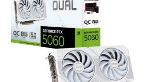 Graphics Card|ASUS|NVIDIA GeForce RTX 5060|8 GB|GDDR7|128 bit|PCIE 5.0 16x|Dual Slot Fansink|DUAL-RTX5060-O8G-WHITE